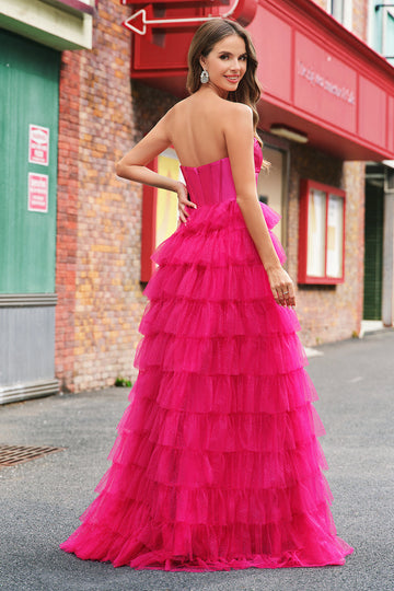 Fuchsia Princess Strapless Cut Out Tiered Tulle Long Formal Dresses